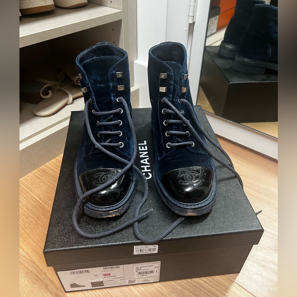 Chanel velvet lace up boots